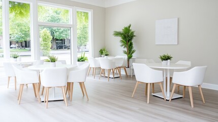 Bright, airy cafe with white furnishings and large windows overlooking a street