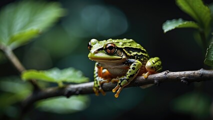 Naklejka premium Green Tree Frog on Branch – Nocturnal Amphibian in Natural Habitat