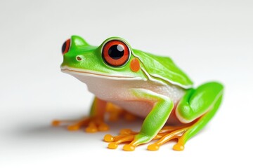 Obraz premium Close-up of a vibrant green tree frog. A small, frog with vivid green skin and bright orange eyes sits calmly. The frog's posture is alert and inquisitive