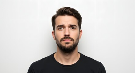 Obraz premium Portrait of a man with brown hair and a beard wearing a black shirt against a white background
