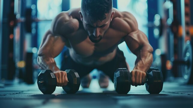 A man is executing a push up exercise on a gym floor while holding two dumbbells in his hands. He is focused and maintaining proper form as he lowers and raises his body in a controlled manner