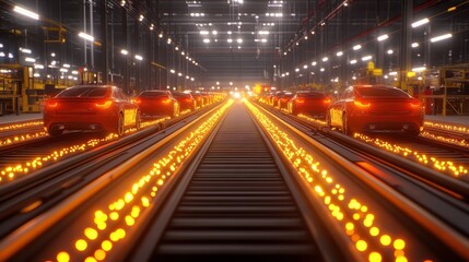 Automated Vehicle Assembly Line Illuminated Tracks Transporting Red Cars Through Modern Factory Interior HighTech Manufacturing Process