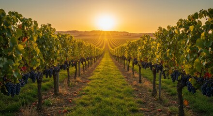 Fototapeta premium Vineyard rows at sunset, ripe grapes on vines in golden light create a picturesque scene of winemaking and viticulture
