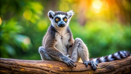 Ring-tailed Lemur on Wooden Trunk - High-Resolution Stock Photo