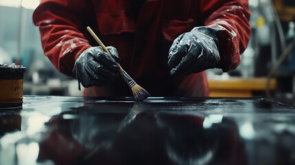 Person in Red Jacket and Gloves Using a Paintbrush