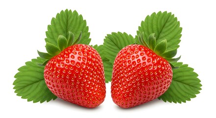 Two ripe strawberries with green leaves isolated on a white background in a studio setting
