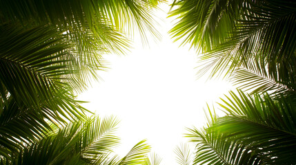 A frame of green palm leaves on a white background, vector illustration. Captured with a wide-angle lens, this is a raw photographic image.