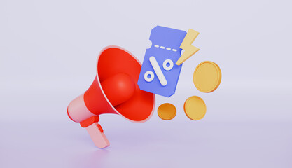 Coupon icon with megaphone speaker for sales, flash lightning alert notice special offer promotion, discount coupon of cash