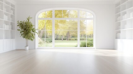 Fototapeta premium Bright Room Plant and Bookshelves Minimalist Style High-Resolution Natural Light Wide Shot Arched Window Serene View Empty Space White and Green Tones Ideal for Real Estate Ads