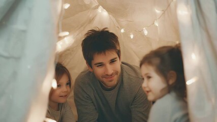 Father and girl bedtime moment in cozy blanket fort, where father and girl bedtime moment creates warmth, laughter, and memorable father and girl bedtime moment