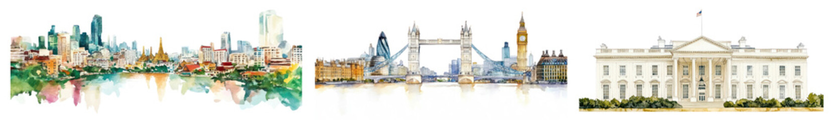Obraz premium PNG Iconic landmarks watercolor art, element set on transparent background