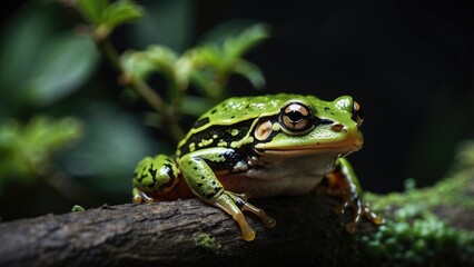 Naklejka premium Green Tree Frog on Branch – Nocturnal Amphibian in Natural Habitat