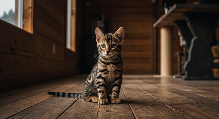Young Bengal kitten with brown and black stripes sitting on wooden floor in rustic room