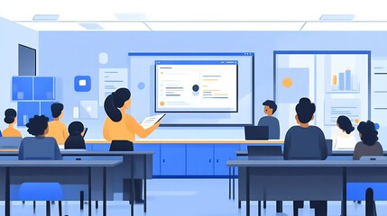 Woman presenting data analytics to a classroom of students