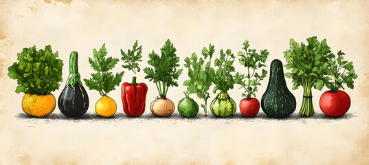 Colorful Hand-drawn Vegetables and Herbs Illustration on Vintage Background
