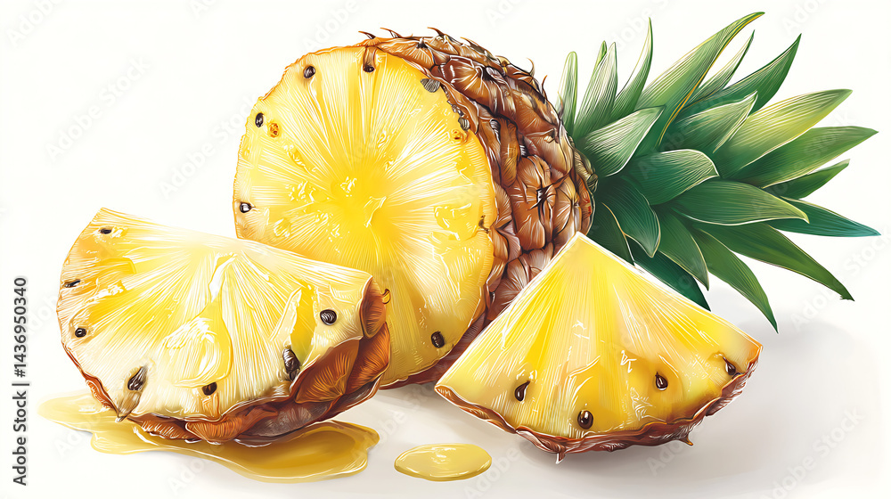 Poster fresh and juicy pineapple slices on a bright background highlighting the vibrant colors and textures