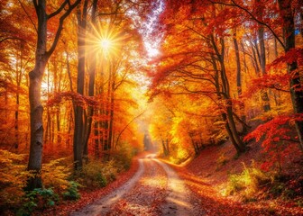 Serene Autumn Forest Path: Vibrant Fall Foliage & Sunlight