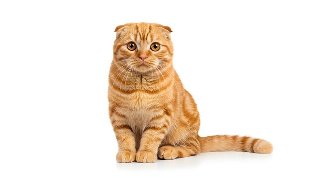 Portrait of a scottish fold cat sitting upright with orange tabby markings on a white background - Powered by Adobe