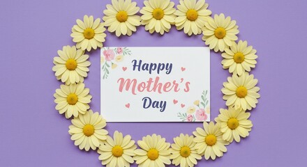 Fototapeta premium Mother's Day card surrounded by yellow daisy flower wreath on purple