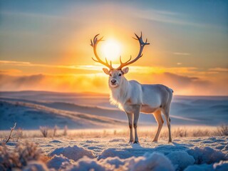 Fototapeta premium Serene Dawn: Ghostly White Reindeer on Frosty Tundra - Magical Winter Stock Photo