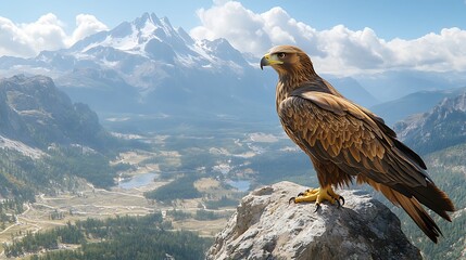 A golden eagle perched on a high cliff edge overlooking a vast valley, sharp eyes scanning the landscape below, golden feathers glistening in the sunlight, dramatic mountain scenery with soft clouds i