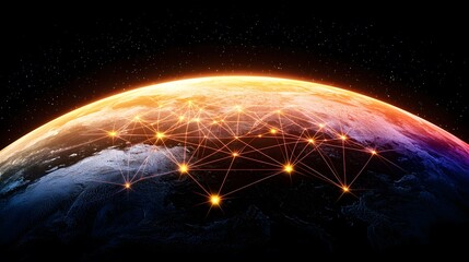 Obraz premium The image shows a stylized depiction of Earth from space, illuminated from the side, with a network of glowing orange lines connecting various points across its surface, suggesting a global network o