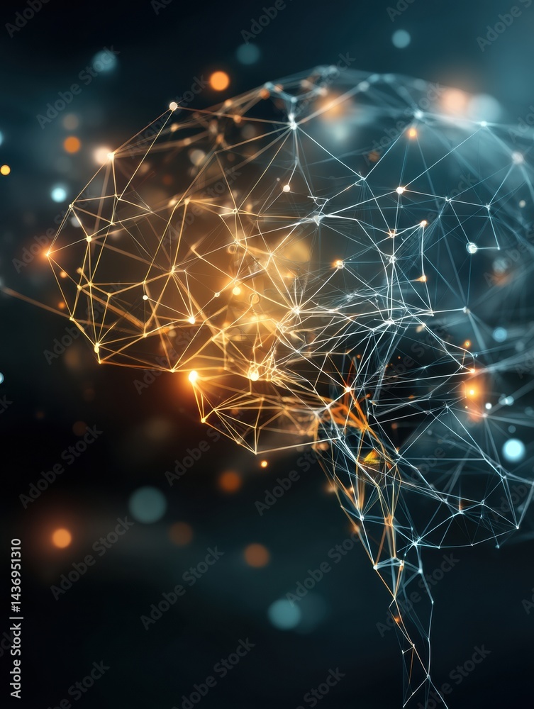 Poster Glowing AI Brain Composed of Data Points and Neural Connections Floating in the Vastness of Space