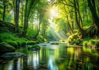 Fototapeta premium Serene Forest Stream: Tranquil Water Flowing Through Lush Green Woodland