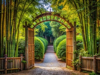 Serene Garden Gate: Double Exposure of Wooden Trellis, Bamboo, Stone Path