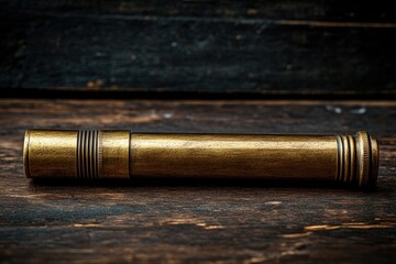 Antique brass cylindrical container, possibly a vintage pen or pencil case, rests on a dark wooden surface.