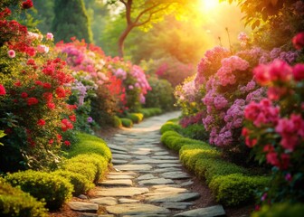 Serene Pink Garden Path: Stone Walkway Amongst Blooming Flowers