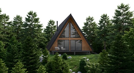 A frame cabin nestled among lush green trees with a modern design and large windows in a forest setting