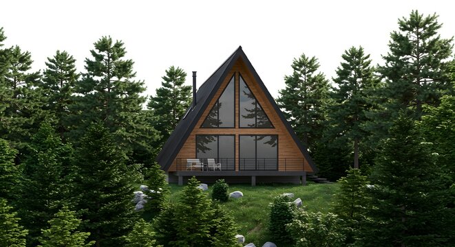 A frame cabin nestled among lush green trees with a modern design and large windows in a forest setting - Powered by Adobe
