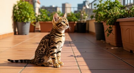 Young Bengal cat with blue eyes sitting on rooftop terrace with potted plants and cityscape