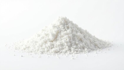 Pile of white granulated sugar on white background, health, macro