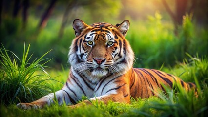 Fototapeta premium Serene Tiger in Grassland: Peaceful Wildlife Stock Photo