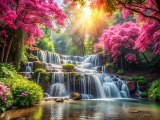 Serene Waterfall Park: Pink Blossoms & Bokeh - Stunning Nature Photography