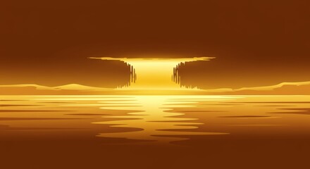 Cartoon landscape illustration of a serene golden sunset reflecting over calm water with distant silhouettes of hills and a unique rock formation