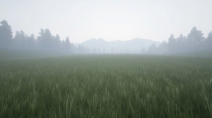 Misty field stretches to distant mountains.  A tranquil landscape with a thick fog enveloping a grassy field.  Green grass dominates the foreground,