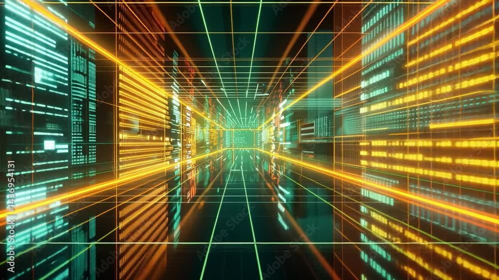 Poster futuristic digital corridor vibrant neon lines and grids creating speed and movement in high tech en