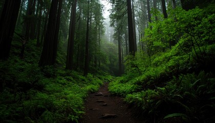 Fototapeta premium Misty redwood forest trail
