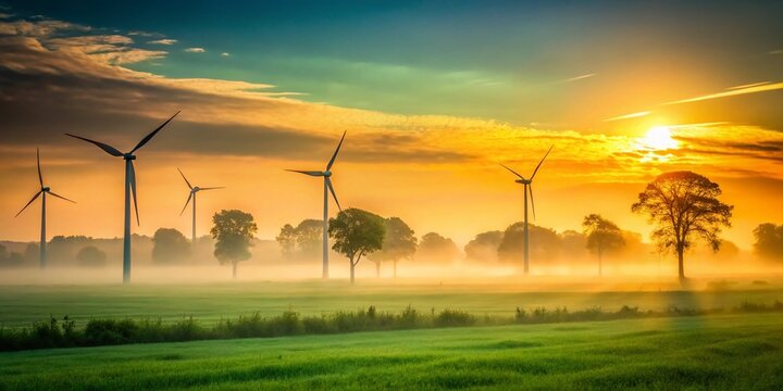 Silhouetted Wind Turbines in Misty Aurich Meadow, Ostfriesland, August