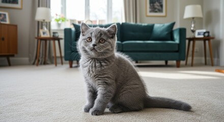 Grey kitten with black collar sitting on carpet in cozy modern living room