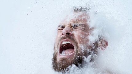 A man screams amidst a snowy spray