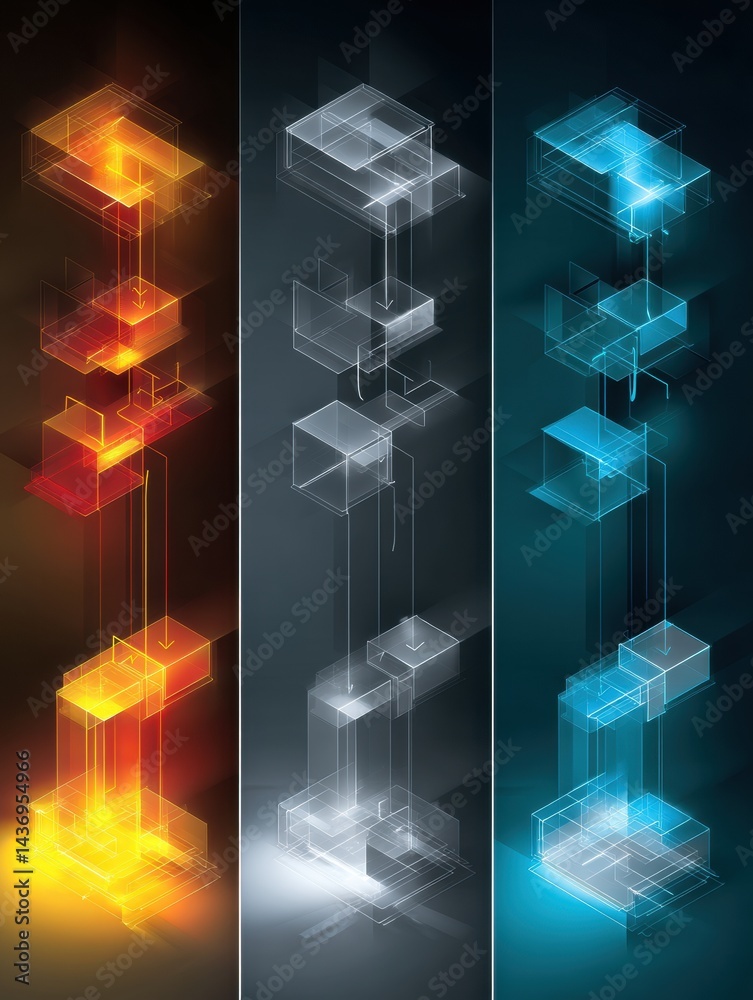 Leinwandbilder Flowchart Transitions Into 3D AI Structure With Luminous Edges in Dynamic Visual Representation