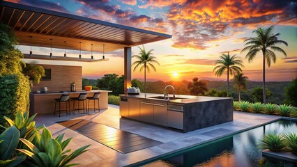 Obraz premium Silhouette of Modern Outdoor Kitchen & Pool at Sunset, Lush Greenery