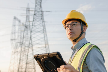 Asian male engineers are working under the power transmission tower.