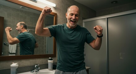 Obraz premium Happy Man Celebrating in Bathroom