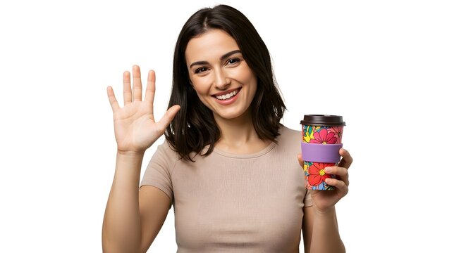 A smiling woman waving while holding a floral patterned coffee cup against a white background space - Powered by Adobe
