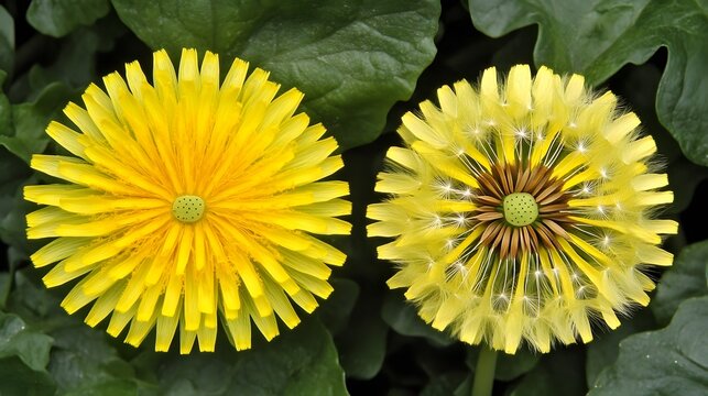 Two Dandelions Side by Side Yellow Flower Bloom Stages